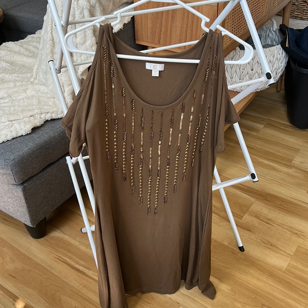 Brown open shoulder dress